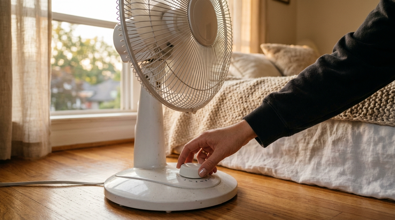 Main réglant la vitesse d'un ventilateur posé au sol