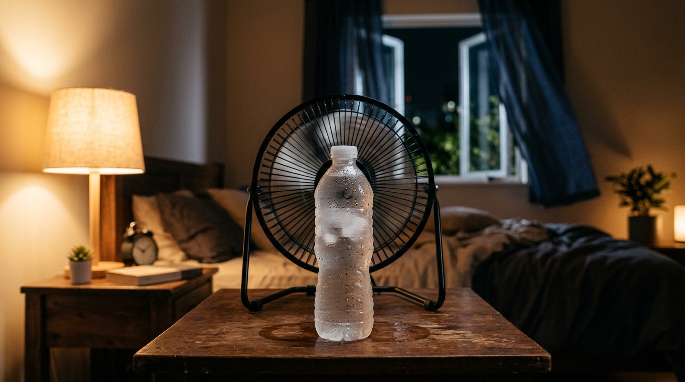 Bouteille d'eau gelée placée devant un ventilateur la nuit