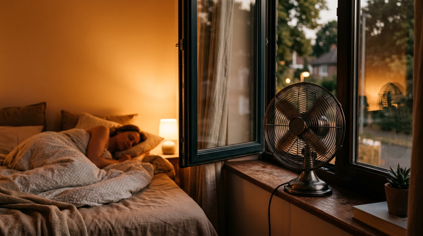 Petit ventilateur de bureau allumé près d'une fenêtre ouverte