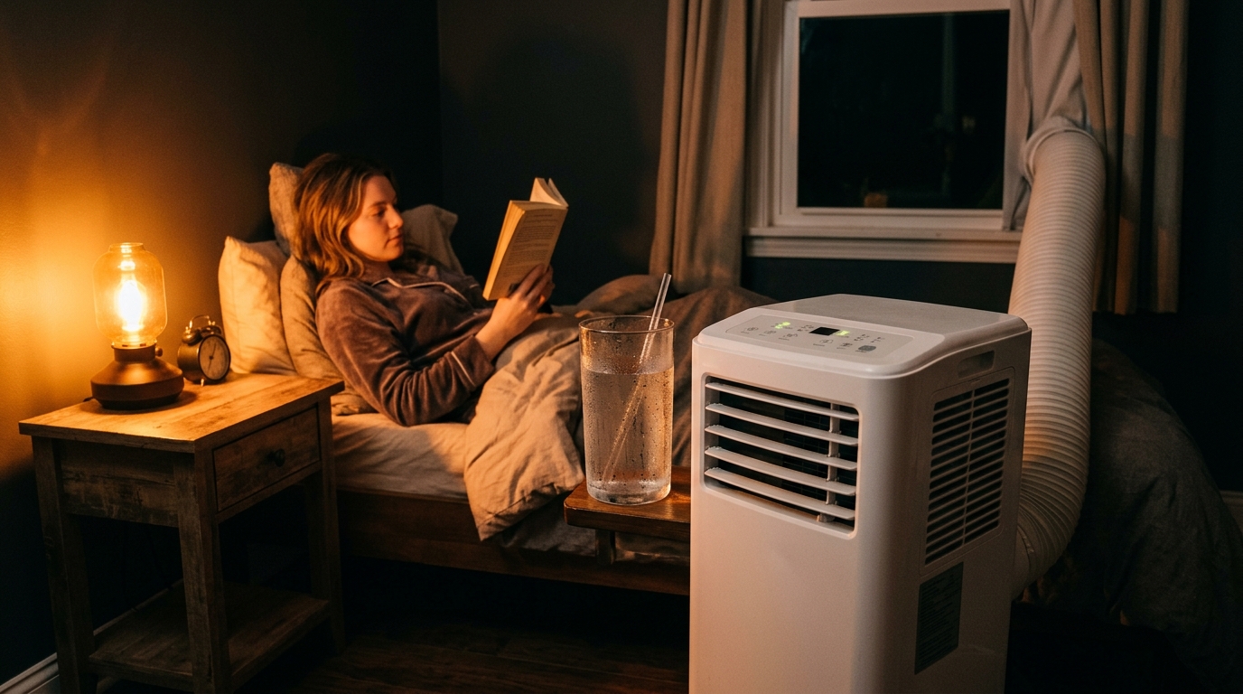 Climatiseur mobile en fonctionnement dans une chambre la nuit
