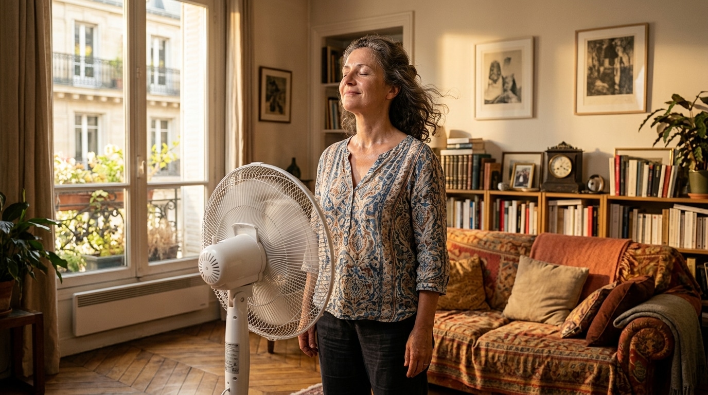 Femme devant un ventilateur dans son salon en été