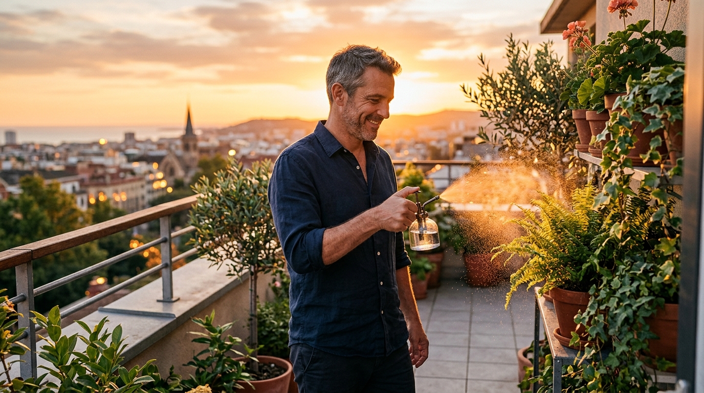 Homme utilisant un brumisateur sur son balcon au coucher du soleil