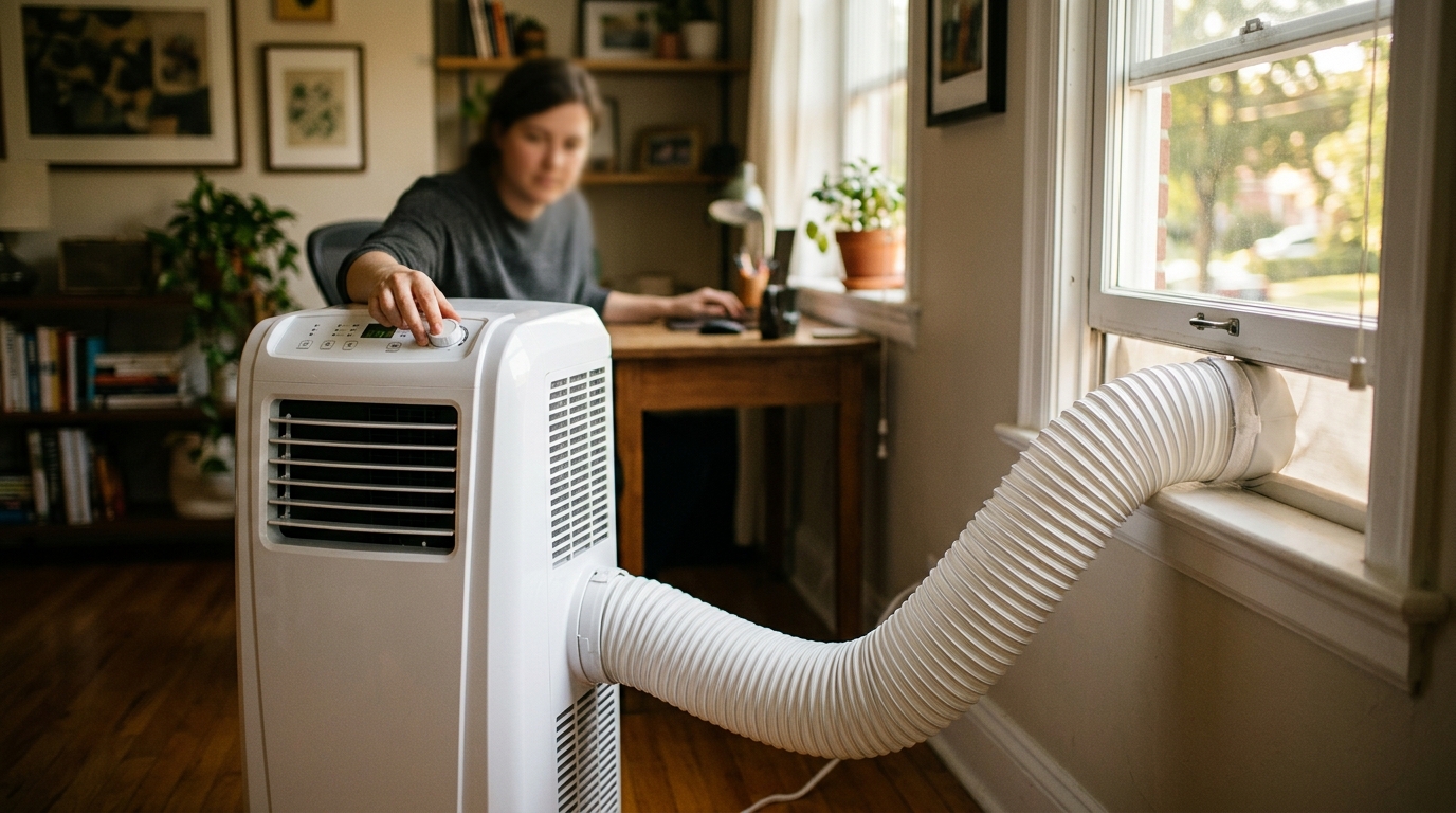 Climatiseur mobile avec gaine reliée à une fenêtre ouverte