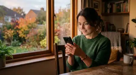 Personne souriante regardant son téléphone au crépuscule