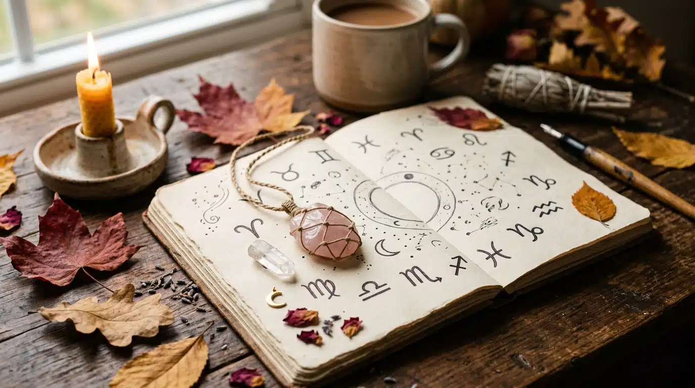 Pierre de quartz rose posée sur carnet d'astrologie