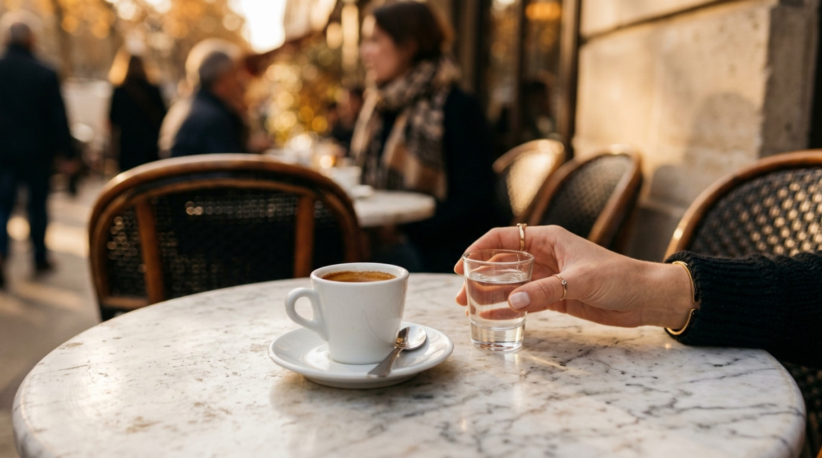 Verre d'eau posé à côté d'un expresso sur table de café