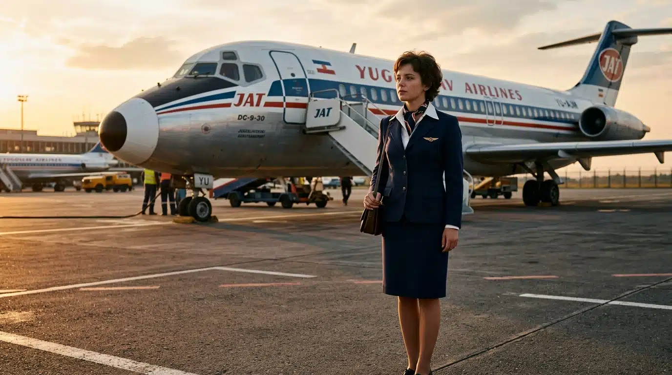 Hôtesse de l'air en uniforme des années 1970 sur tarmac