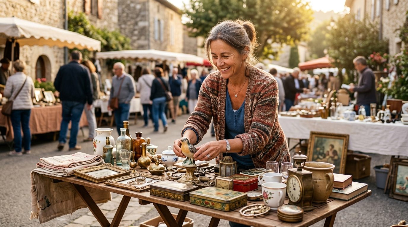 Vendeuse installant sa table de vide-greniers au matin