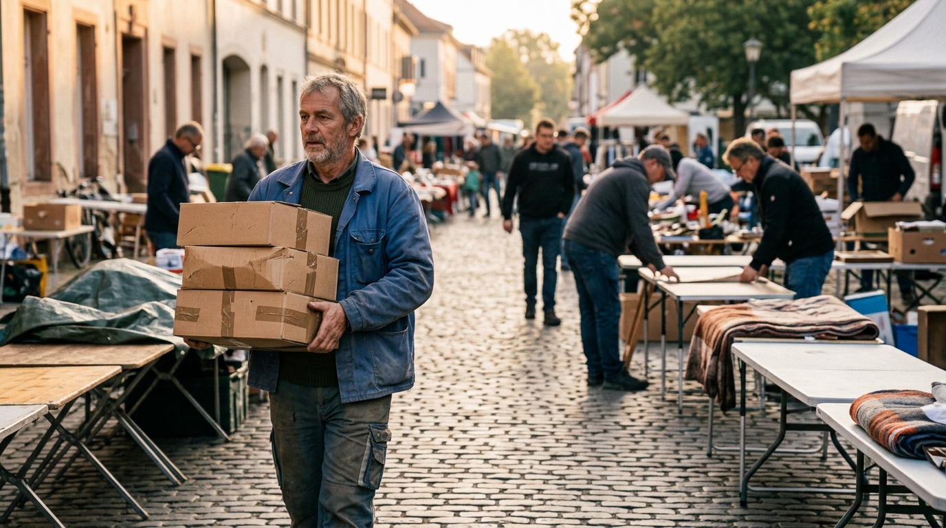 Vendeur arrivant tôt avec des cartons au vide-greniers
