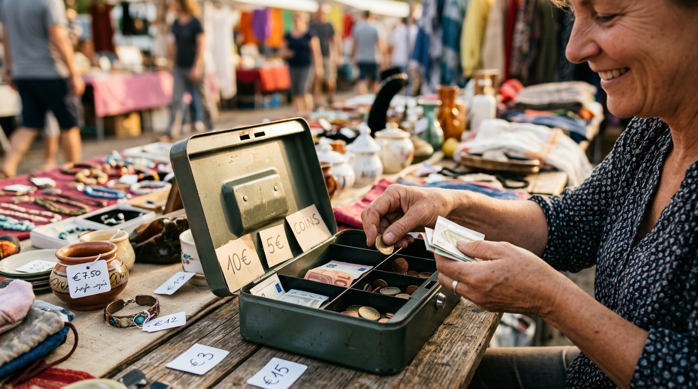 Femme comptant sa monnaie à un stand de brocante