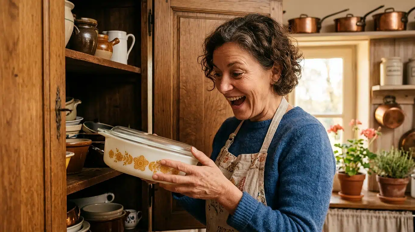 Femme découvrant un plat Pyrex vintage dans un placard