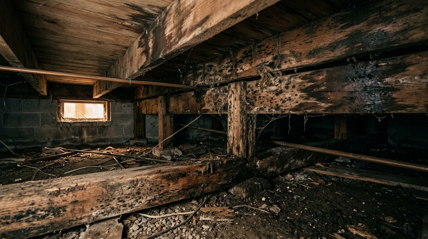 Solives en bois humides sous un vide sanitaire