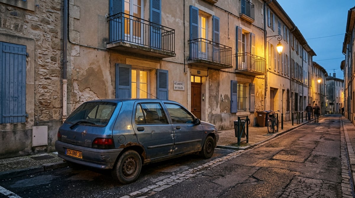 Vieille voiture garée devant un immeuble modeste le soir