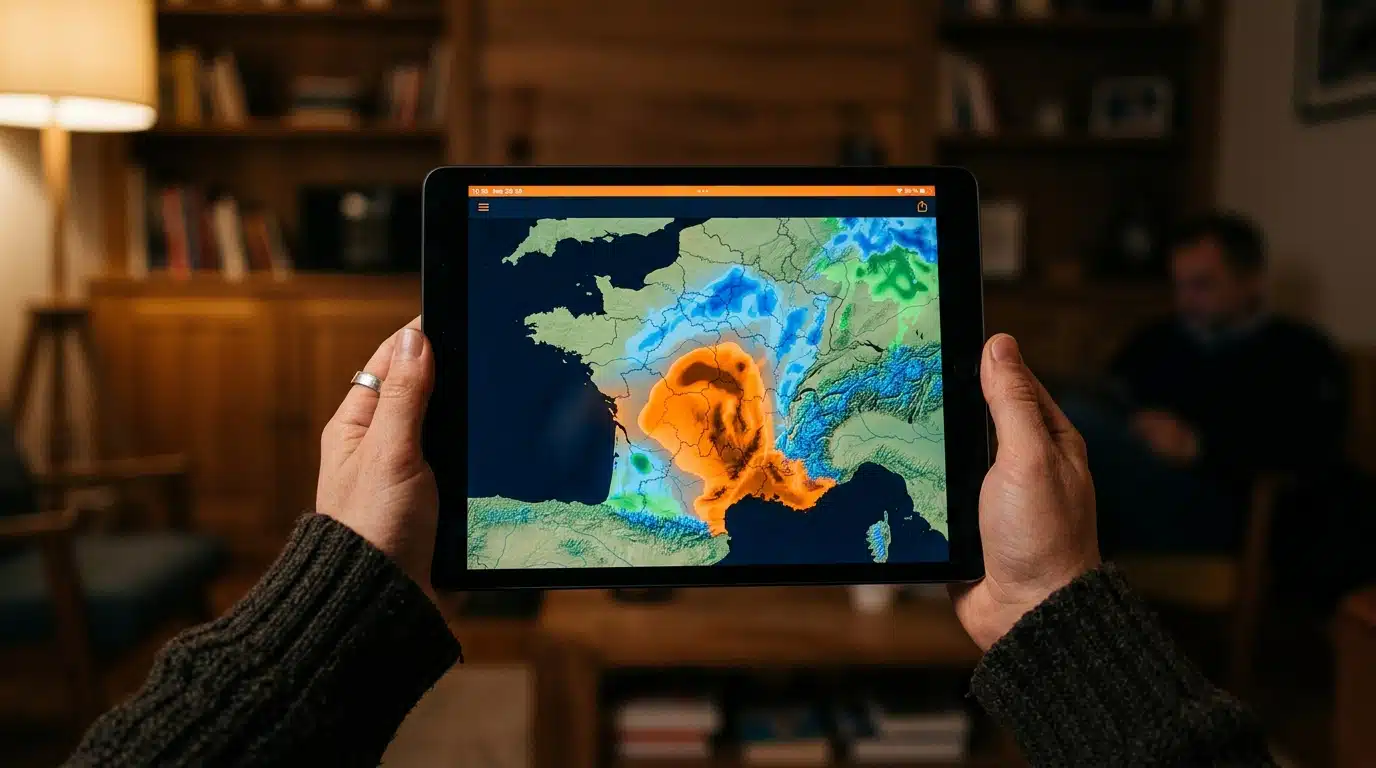 Carte de vigilance météo orange affichée sur tablette