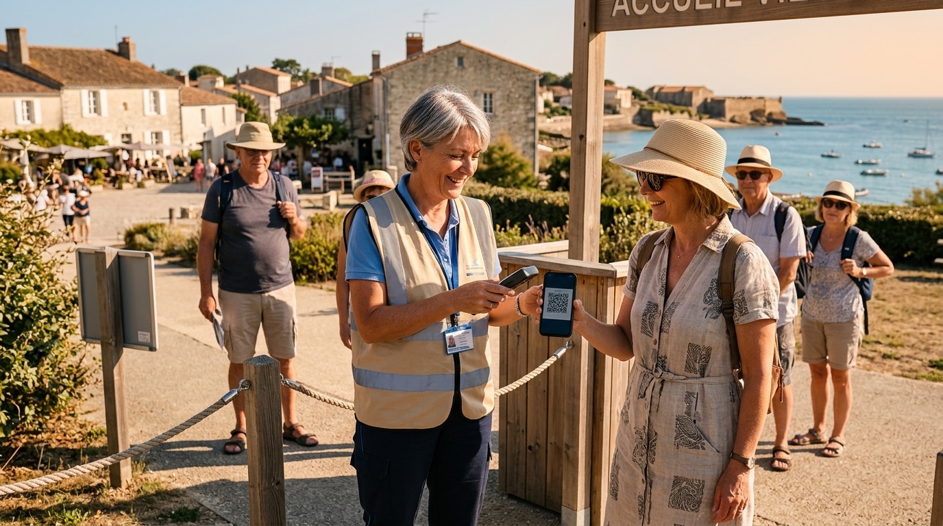 Agent municipal vérifiant un QR code de réservation touristique