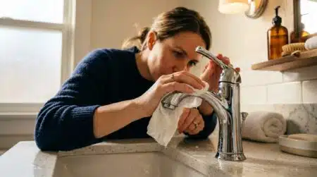 Femme nettoyant un robinet entartré avec du vinaigre blanc
