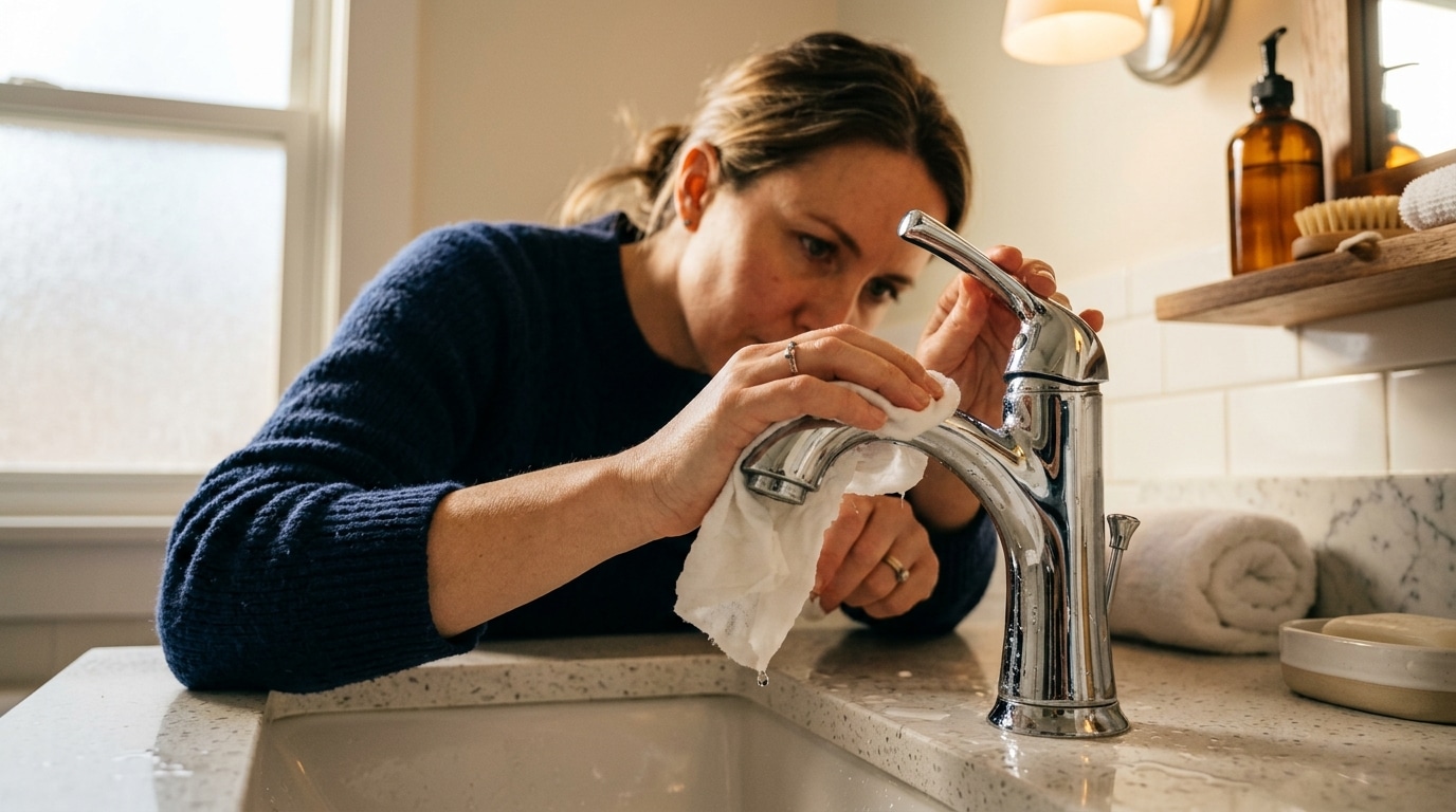 Femme nettoyant un robinet entartré avec du vinaigre blanc
