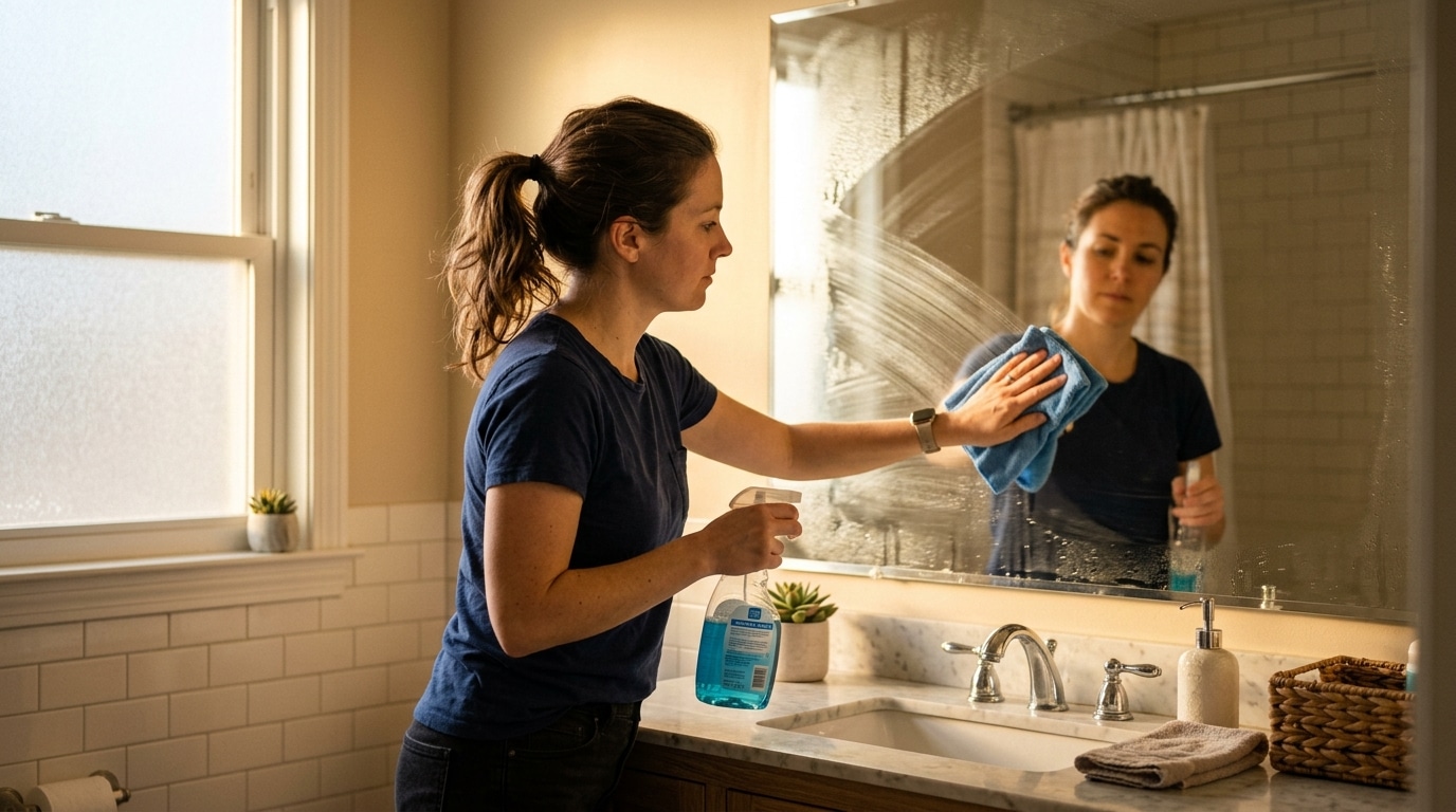 Femme nettoyant un miroir de salle de bain avec un chiffon