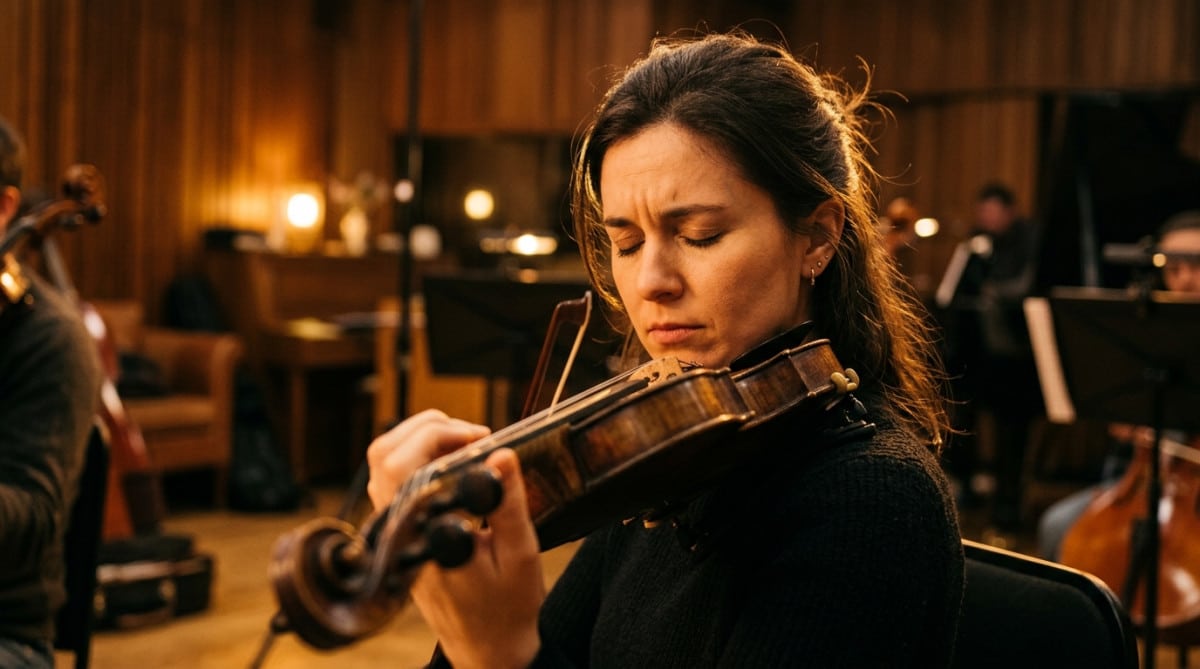 Violoniste concentré en train d'accorder son instrument