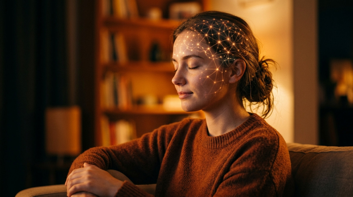Visage illuminé symbolisant l'activité électrique du cerveau