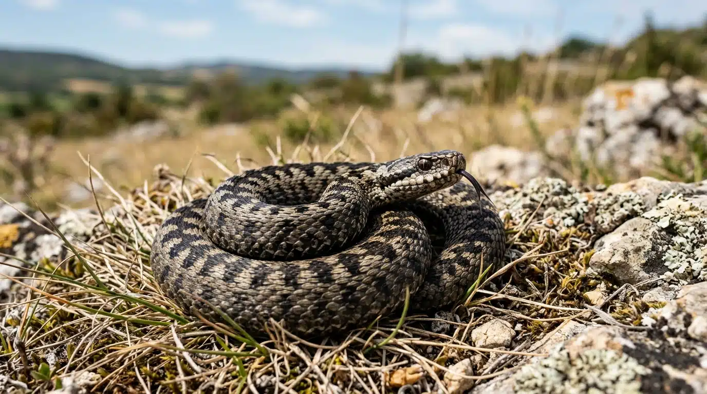 Vipère enroulée sur des rochers en pleine nature