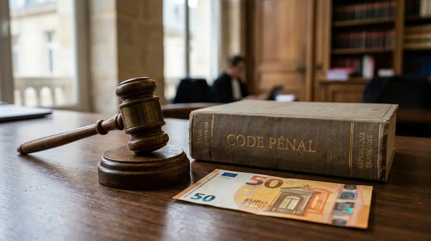 Marteau de justice posé près d'un billet en euros