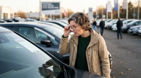 Personne examine une voiture électrique d'occasion sur parking