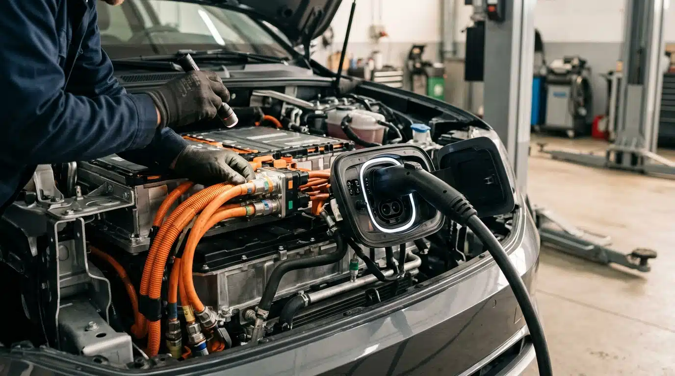 Câble de recharge branché sur une voiture électrique en garage