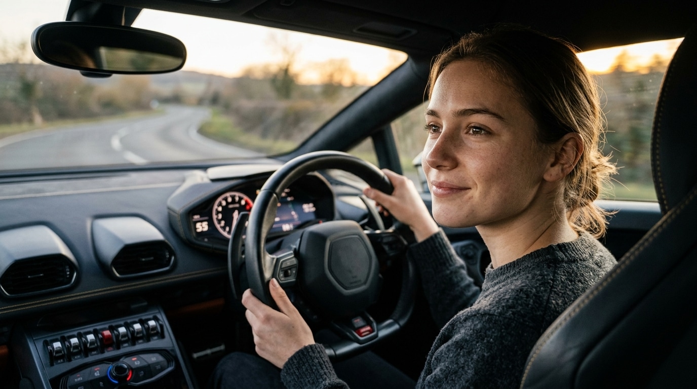 Jeune conducteur souriant au volant d'une voiture puissante