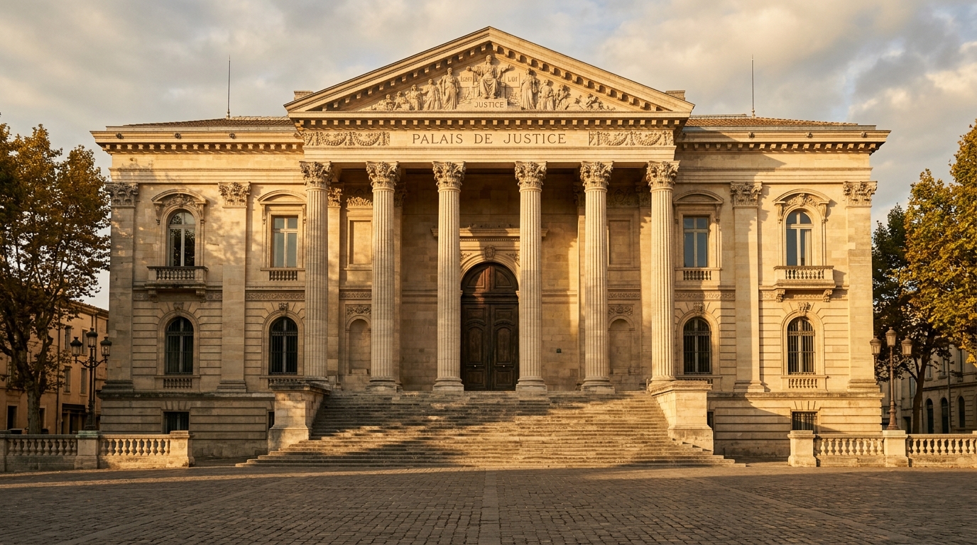 Façade d'un palais de justice avec colonnes de pierre
