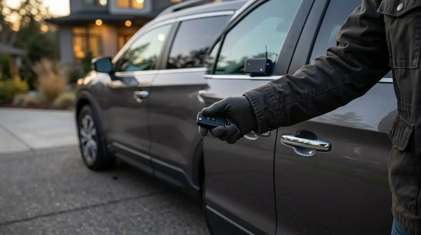 Main tenant une clé de voiture près d'un SUV