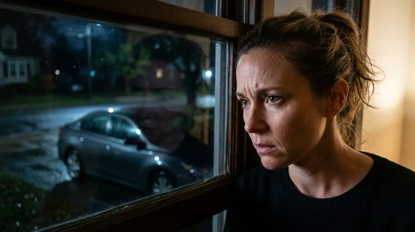 Visage inquiet observant sa voiture garée la nuit