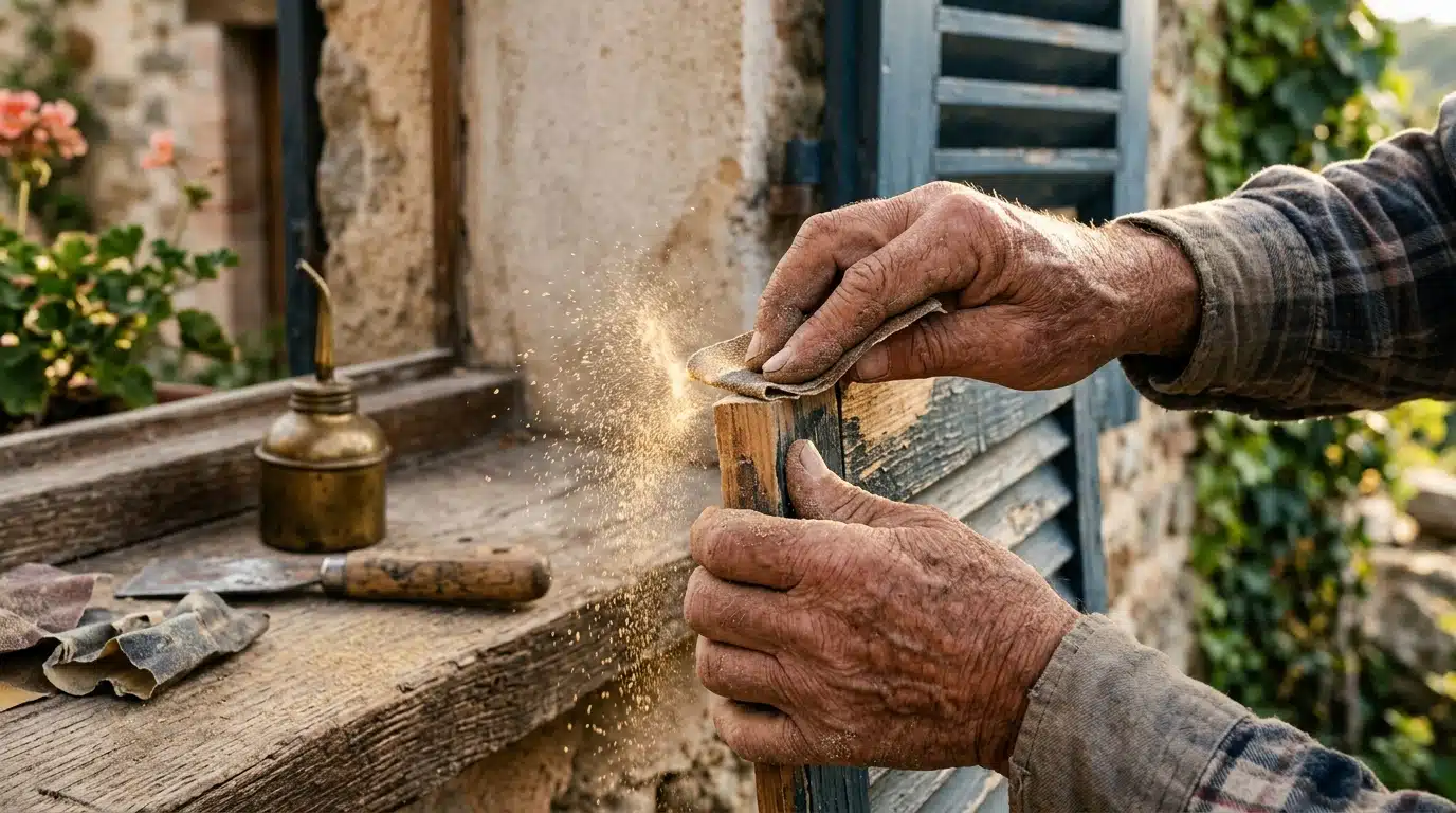 Ponçage léger d'un volet en bois qui coince
