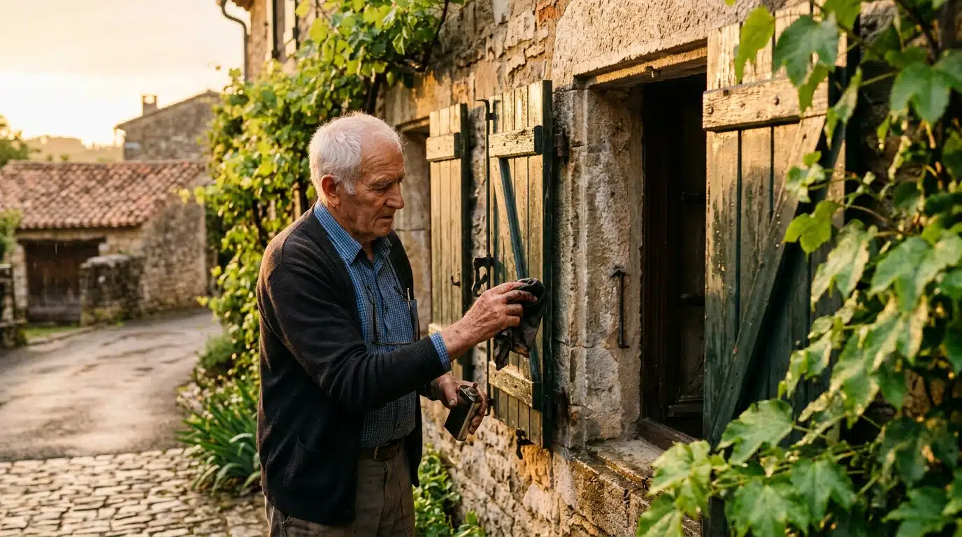Homme huilant les gonds d'un volet en bois