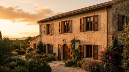 Volets en bois éclairés par le soleil rasant du soir