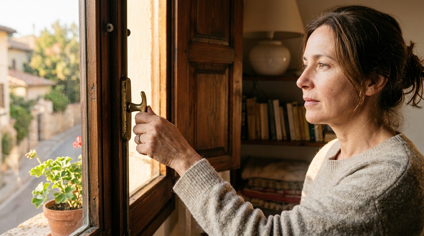 Main ajustant un volet dans une chambre ensoleillée