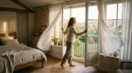 Femme ouvrant grand les fenêtres tôt le matin