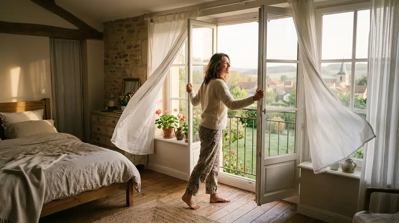 Femme ouvrant grand les fenêtres tôt le matin