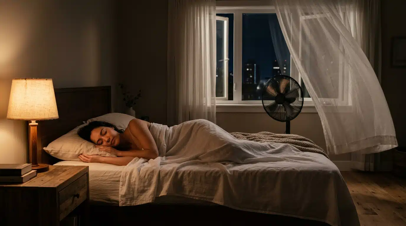 Personne dormant avec ventilateur orienté vers fenêtre ouverte