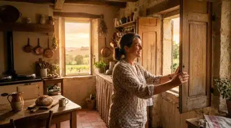 Femme ouvrant les volets à l'aube pour aérer
