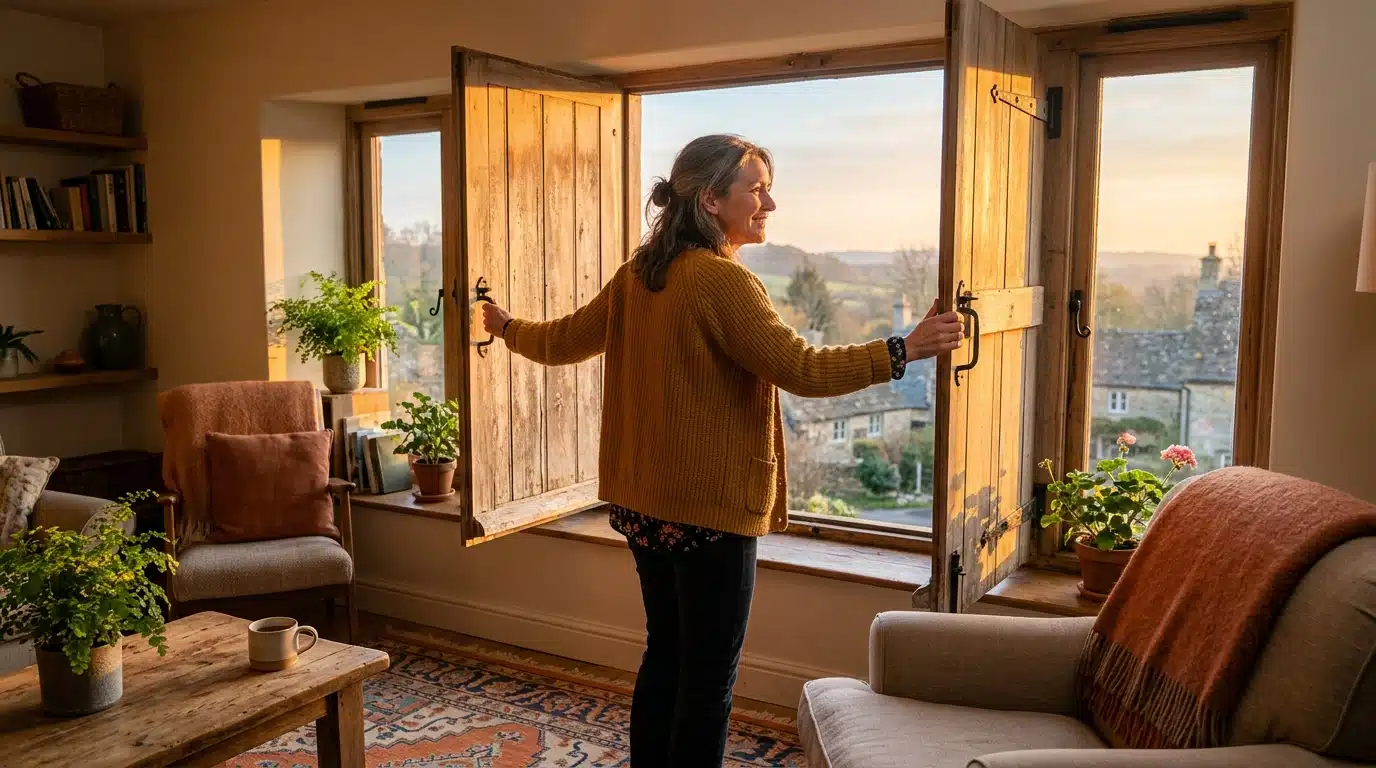 Femme ouvrant les volets au lever du jour