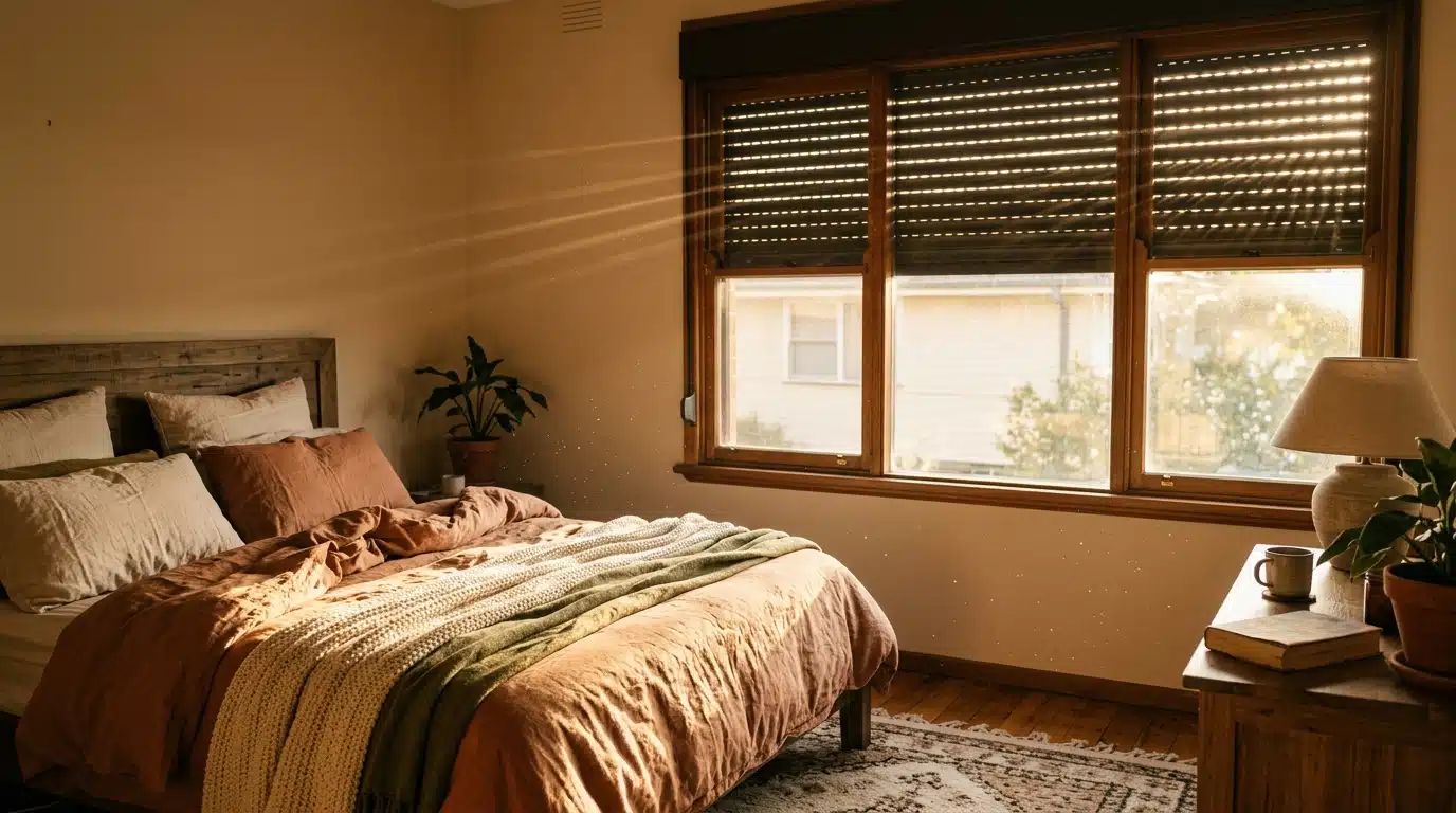 Chambre plein ouest avec volets roulants fermés