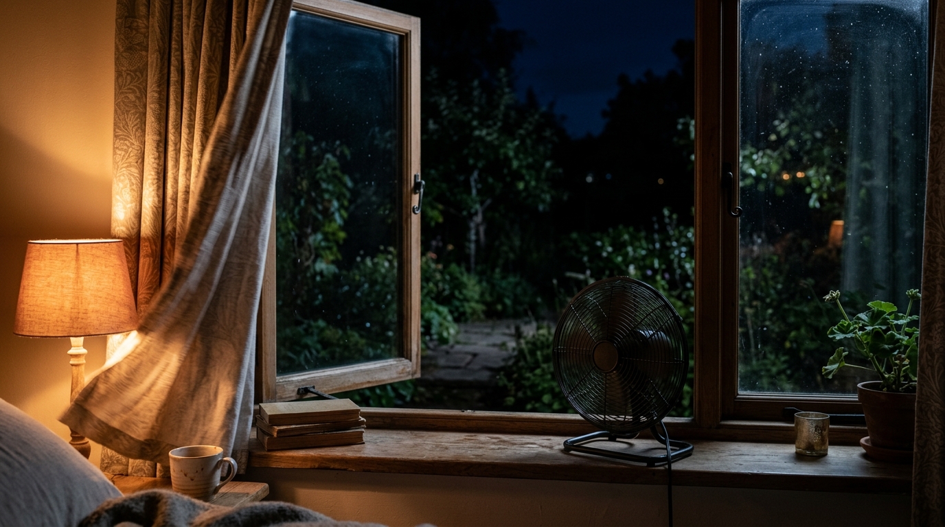 Ventilateur orienté vers la fenêtre ouverte la nuit
