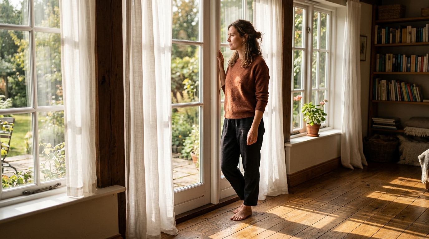 Femme près d'une fenêtre avec rideaux intérieurs ensoleillés