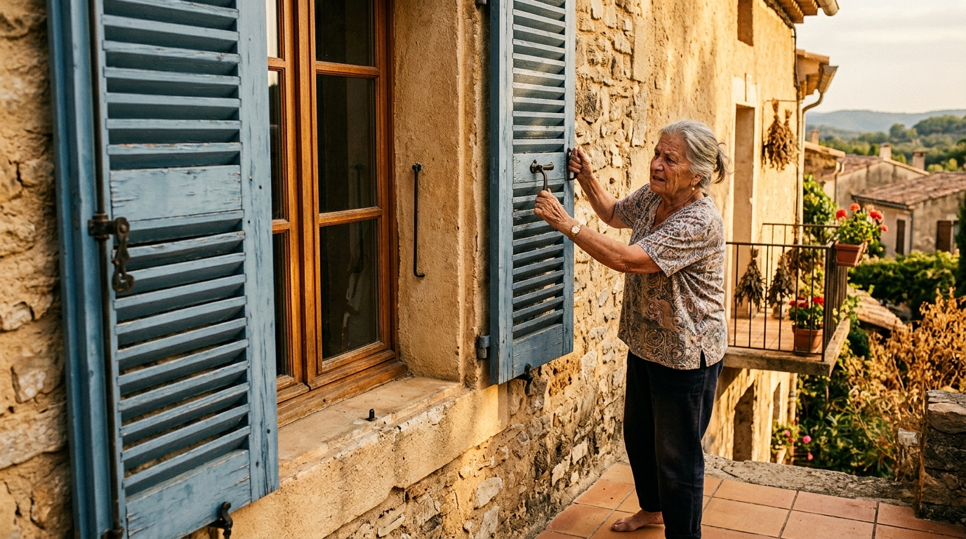 Femme fermant les volets en bois de sa maison