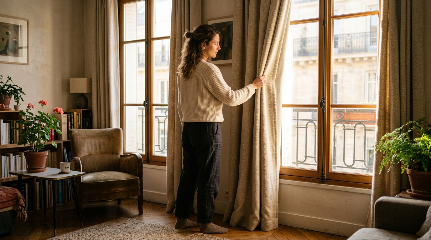 Femme touchant un rideau thermique près d'une fenêtre ensoleillée
