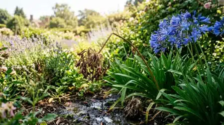 Agapanthe aux boutons floraux desséchés en été