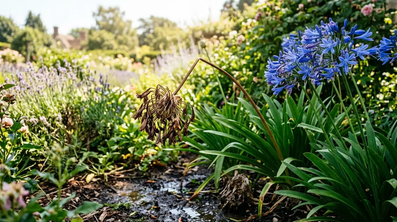 Agapanthe aux boutons floraux desséchés en été