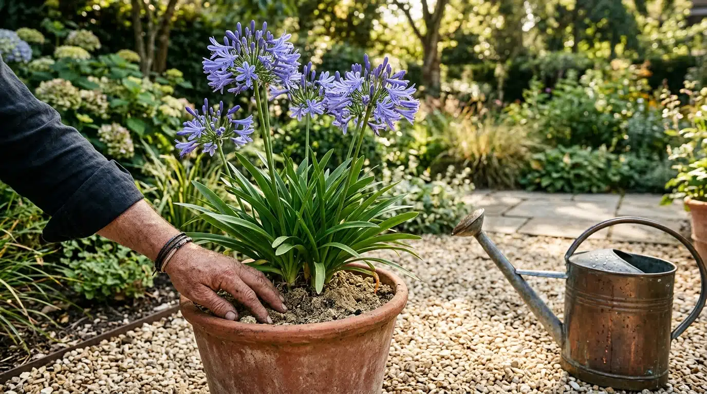 Main testant la terre sèche près d'un pot d'agapanthes