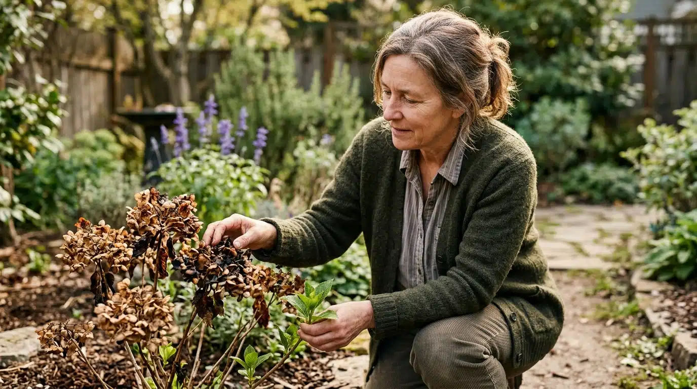 Jardinier examinant un hortensia grillé avec espoir